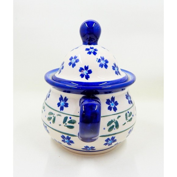 Zaklady Polish Pottery Lidded Sugar Bowl Daisy Field Aqua Floral Ivy Leaves - Picture 2 of 11